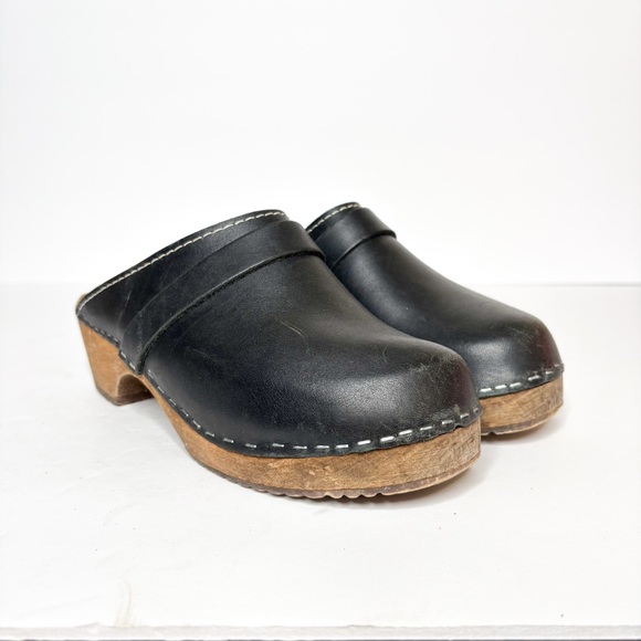 Bjork Maja Wood Open Back Leather Clogs Black Leather Clogs Wooden Sole Sz 5 - Picture 1 of 7